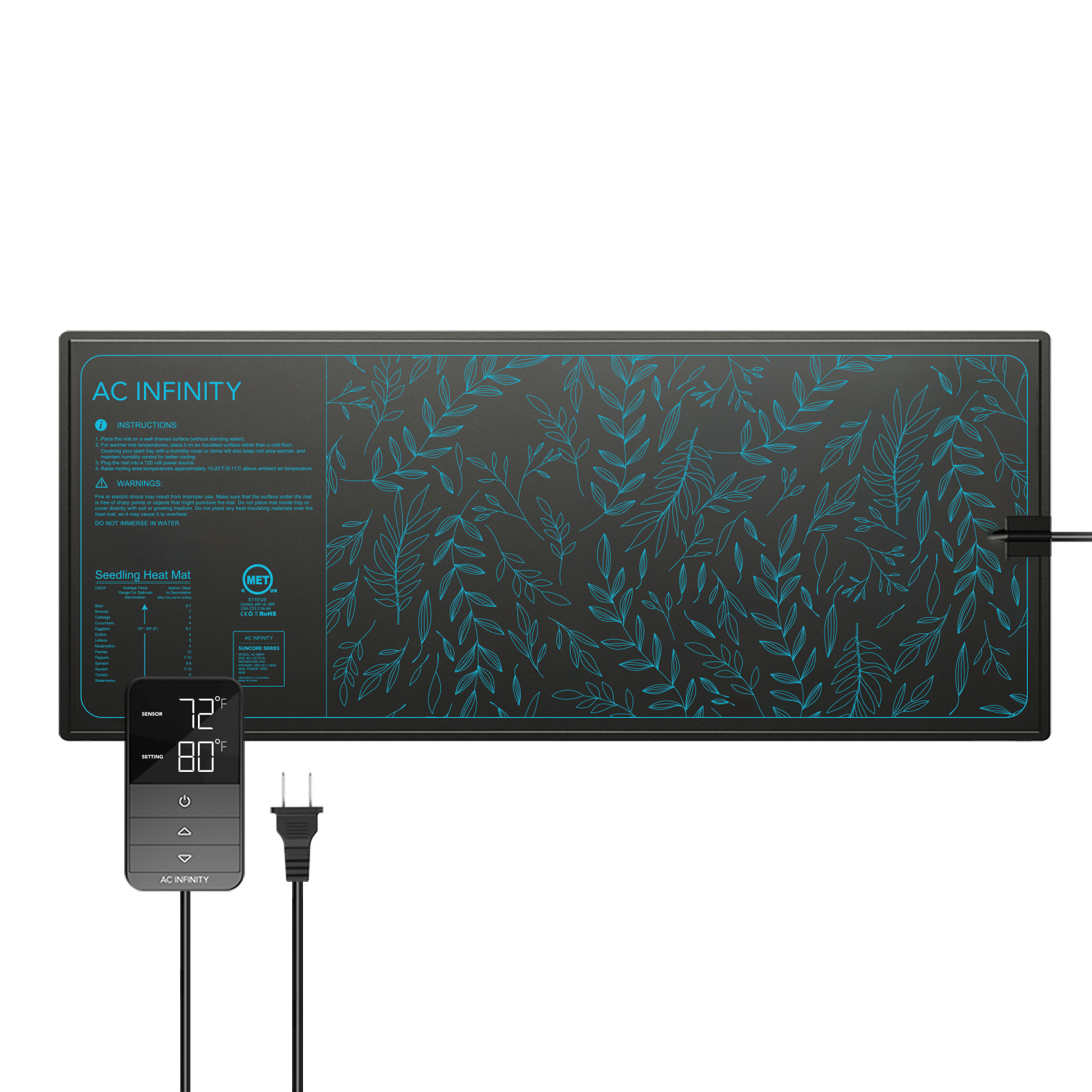 AC Infinity SUNCORE H7, Heizmatte für Keimlinge mit Digitalanzeige-Controller, 52,7 cm x 121,9 cm