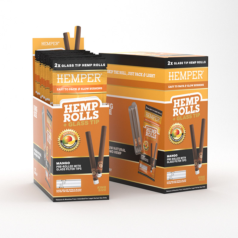 HEMPER - 2pk King Size Rolls With Glass Tips - Hemp Paper - Mango (Display 12 Stück)