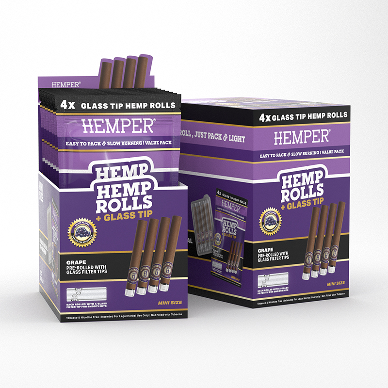 HEMPER - 4pk Mini Rolls With Glass Tips - Hemp Paper - Grape (Display 12 Stück)