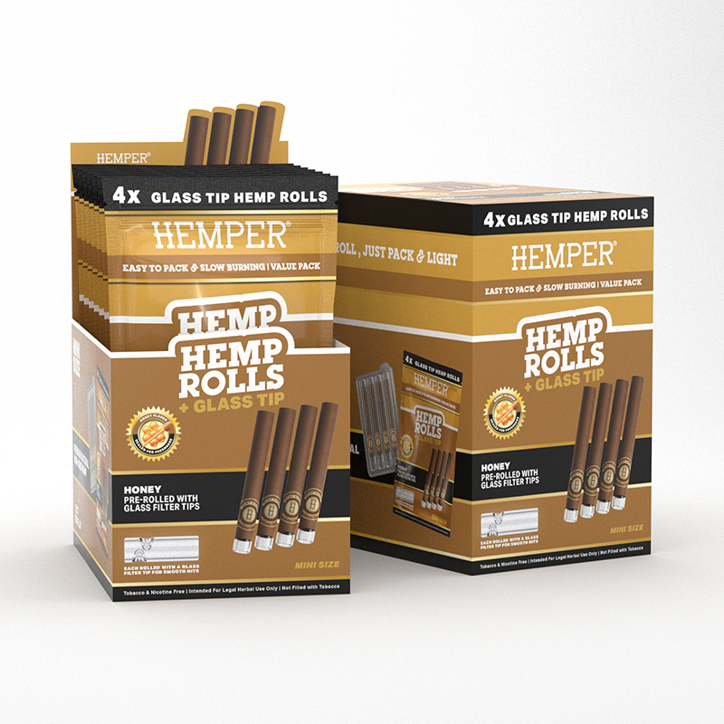 HEMPER - 4pk Mini Rolls With Glass Tips - Hemp Paper - Honey (Display 12 Stück)