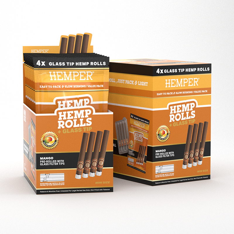 HEMPER - 4pk Mini Rolls With Glass Tips - Hemp Paper - Mango (Display 12 Stück)