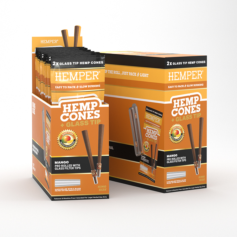 HEMPER - King Size 2pk Hemp Cones With Glass Tips - Hemp Paper - Mango (Display 12 Stück)
