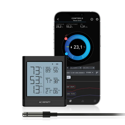 AC Infinity CLOUDCOM B1 Bluetooth-Thermo-Hygrometer mit externer Sonde